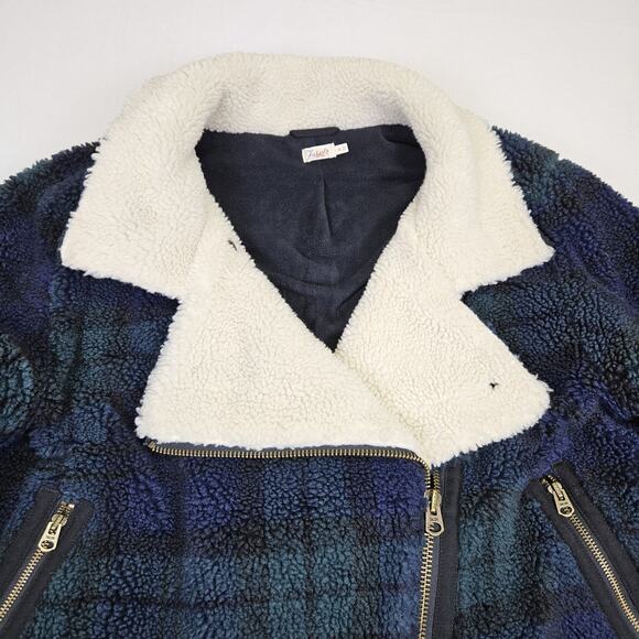 Faherty Montana Faux Shearling Coat Plaid Asymmetric Zip Moto Blue Sherpa XL - Picture 13 of 16
